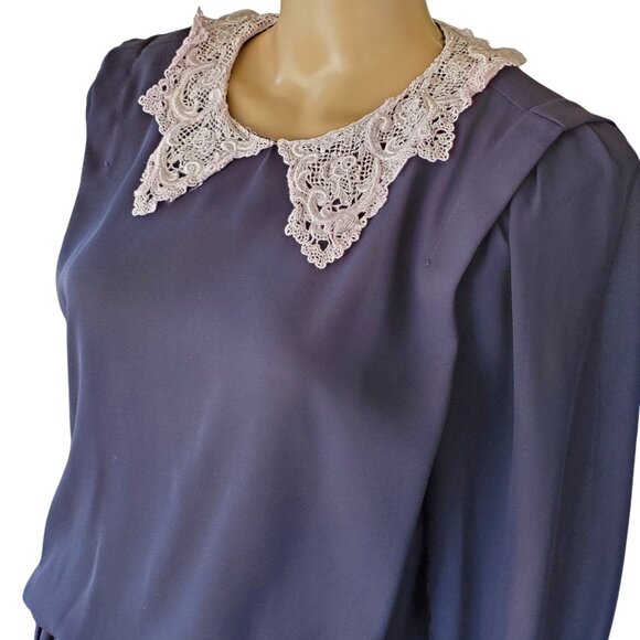 Vintage Career Blouson Maxi Dress Women's 12 Sheer Zip Blue Lace Crochet Collar - Picture 8 of 12